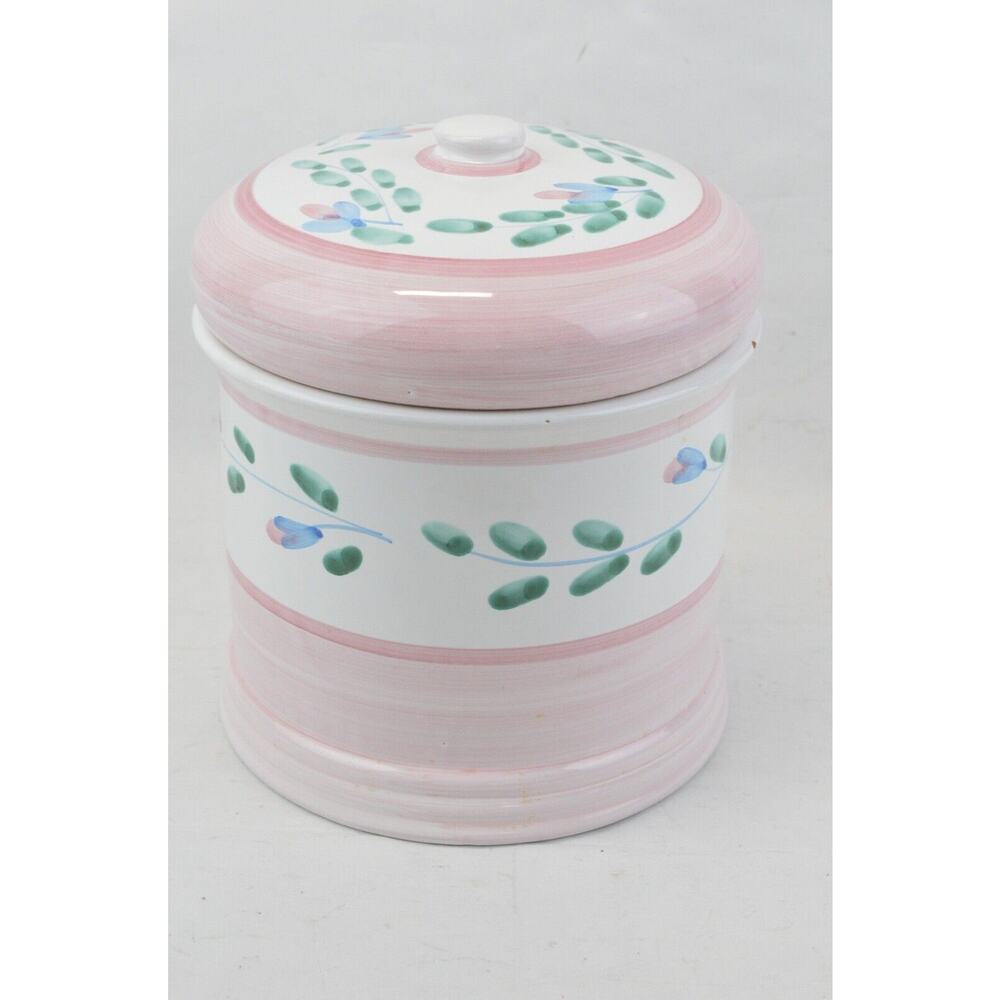 Caleca Italy Ceramic Canister Cookie Jar Pink Garland Hand Painted 8in Lid